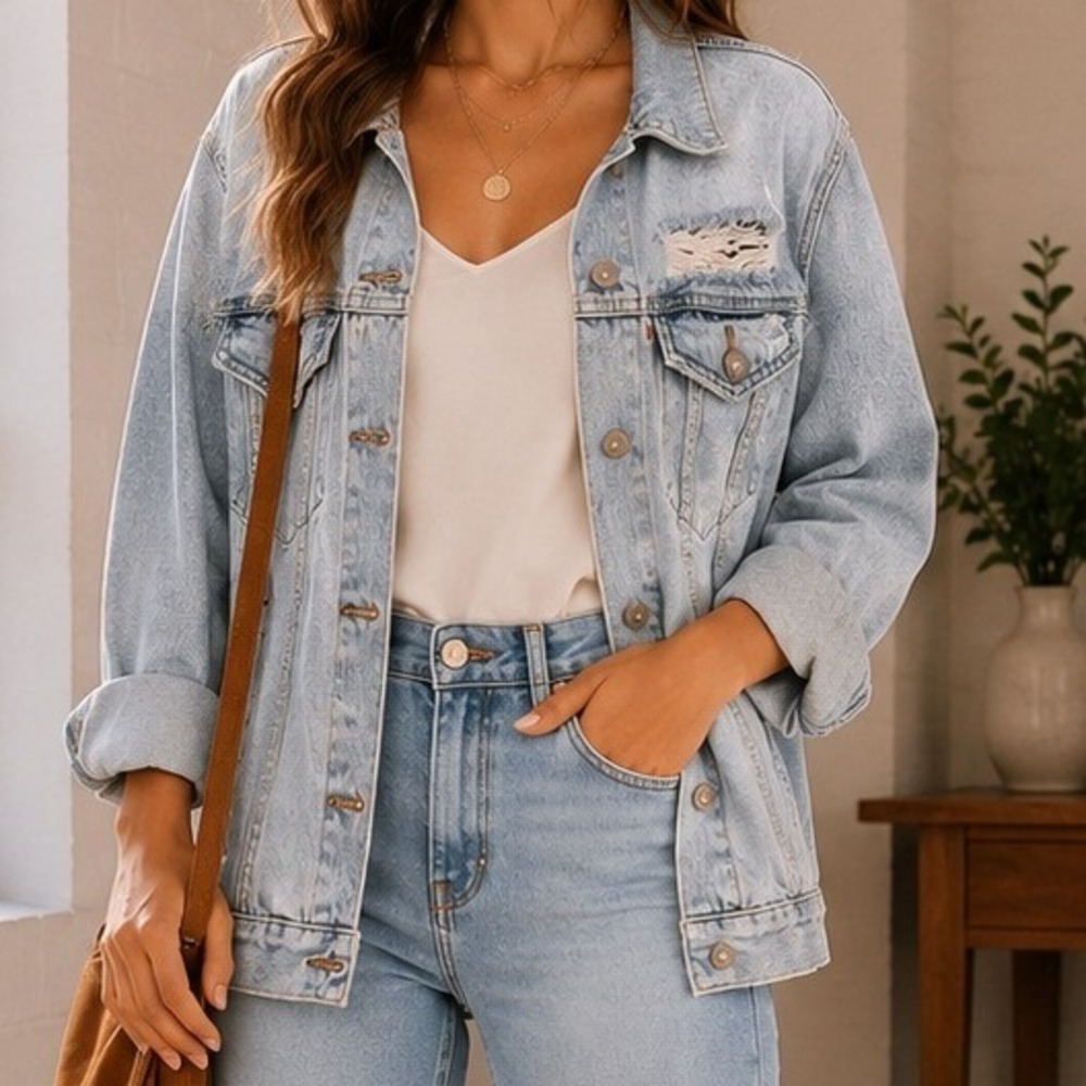 Levi's Premium Distressed Light Wash Denim Trucker Jacket Zipper Cuffs Small